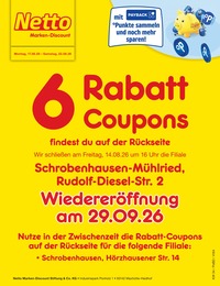 Netto Marken-Discount Prospekt "6 Rabatt-Coupons", 2 Seiten, 17.08.2026 - 17.08.2026 Aktueller Netto Marken-Discount Prospekt, "6 Rabatt-Coupons", mit Angeboten der Woche, gültig von 17.08.2026 bis 17.08.2026