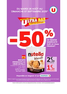 Prospectus Super U à Cavaillon, "QUINZAINE DES PRIX ULTRA BAS : SPÉCIAL RENTRÉE", 1 page de promos valables du 26/08/2025 au 30/08/2025