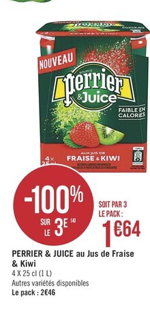 PERRIER & JUICE au Jus de Fraise & Kiwi - Géant Casino à Dijon PERRIER & JUICE au Jus de Fraise & Kiwi en promo chez Géant Casino Dijon à 1,64 €