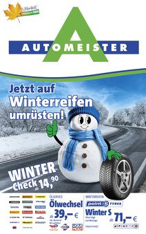 Aktueller AUTOMEISTER Prospekt "Jetzt auf Winterreifen umrüsten!" Seite 1 von 14 Seiten für Vetschau