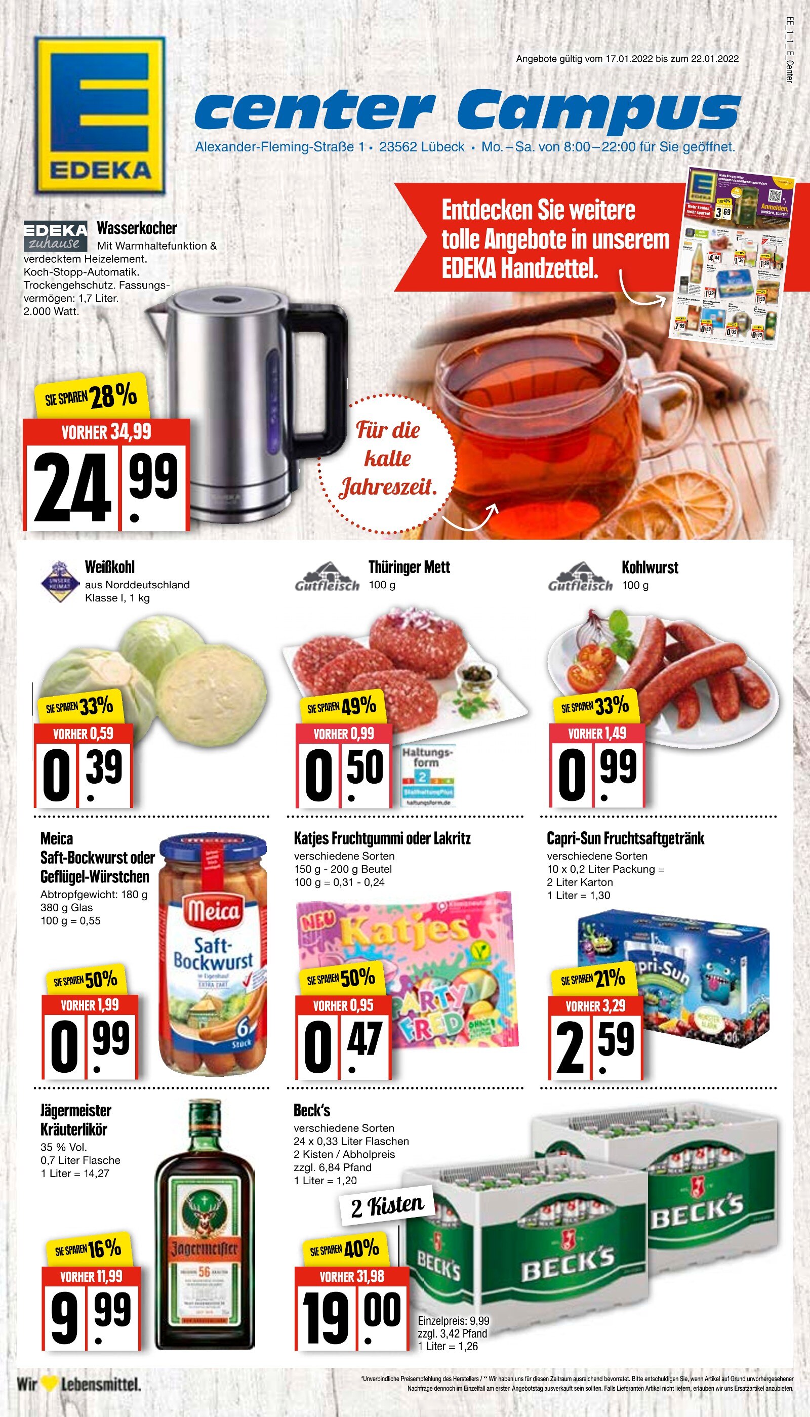 EDEKA Prospekt für Lübeck mit 4 Seiten EDEKA Prospekt für Lübeck: "Top Angebote", 4 Seiten, 17.01.2022 - 22.01.2022