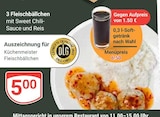 3 Fleischbällchen mit Sweet Chili-Sauce und Reis bei GLOBUS im St. Wendel Prospekt für 5,00 €