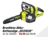 Brushless Akku-Kettensäge "OCS1830" von RYOBI für 152,99 € bei toom Baumarkt im Angebot Brushless Akku-Kettensäge "OCS1830" von RYOBI im aktuellen toom Baumarkt Prospekt