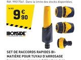 Set de raccords rapides bi- matière pour tuyau d'arrosage - IRONSIDE - Tout Faire à Limoges Set de raccords rapides bi- matière pour tuyau d'arrosage - IRONSIDE en promo chez Tout Faire Limoges à 9,90 €