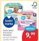 Premium Windeln Jumbo-Pack 64 Stück von Hallo Welt für 9,99 € bei budni im Angebot Premium Windeln Jumbo-Pack 64 Stück von Hallo Welt im aktuellen budni Prospekt