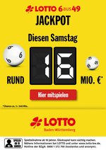 LOTTO Baden-Württemberg Prospekt "JACKPOT Diesen Samstag rund 16 Mio. €", 1 Seiten, für Weinstadt, 12.12.2019 - 14.12.2019 LOTTO Baden-Württemberg Prospekt "JACKPOT Diesen Samstag rund 16 Mio. €", 1 Seiten, für Weinstadt, 12.12.2019 - 14.12.2019