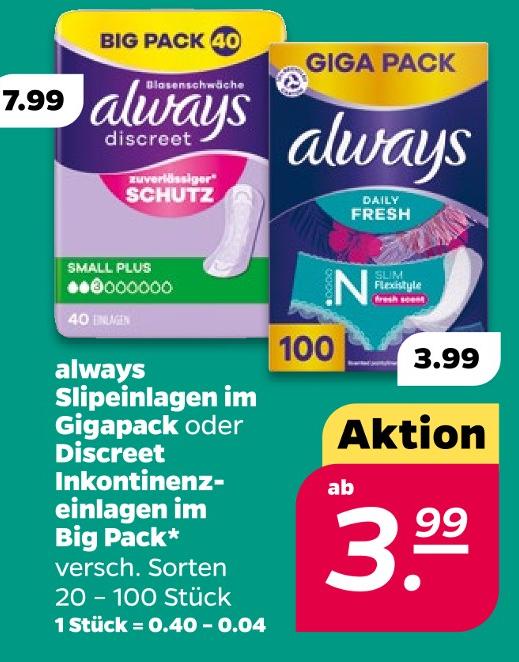 Slipeinlagen im Gigapack oder Discreet Inkontinenzinlagen im Big Pack