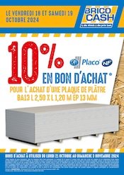 Prospectus Brico Cash à Persan, "10% EN BON D'ACHAT POUR L'ACHAT D'UNE PLAQUE DE PLÂTRE BA13 L 2,50 X L 1,20 M ÉP 13 MM", 1 page de promos valables du 18/10/2024 au 19/10/2024