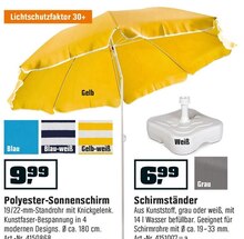 Polyester-Sonnenschirm + Schirmständer bei OBI in Hamburg Polyester-Sonnenschirm + Schirmständer im Angebot bei OBI Hamburg für 9,99 €