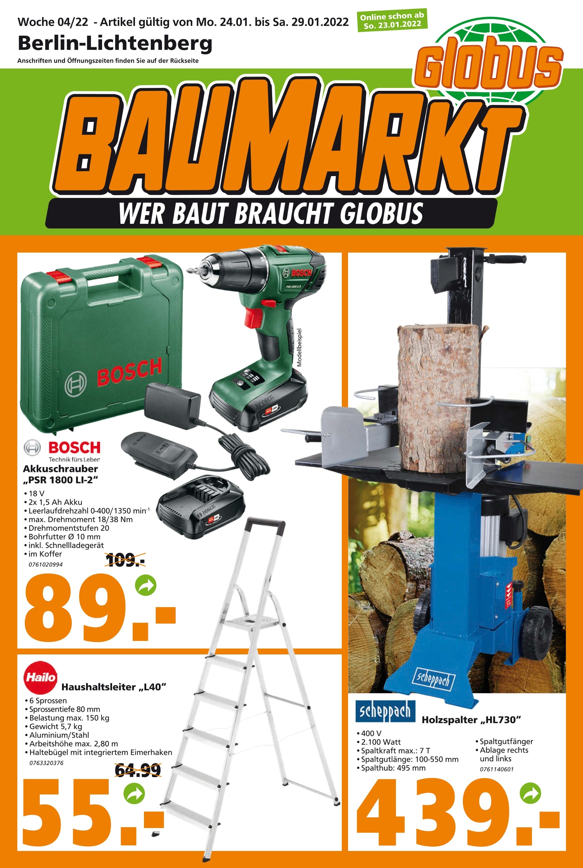 Globus-Baumarkt Prospekt für Berlin mit 17 Seiten Globus-Baumarkt Prospekt für Berlin: "WER BAUT BRAUCHT GLOBUS", 17 Seiten, 23.01.2022 - 29.01.2022