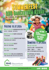 RHG Baucentrum BaumĂ€rkte Prospekt der aktuellen Woche mit 1 Seite, gĂŒltig von 10.07.2026 bis 11.07.2026, in Schwarzenberg und Umgebung Aktueller RHG Baucentrum BaumĂ€rkte Prospekt in Schwarzenberg und Umgebung, "Sommerfest im RHG Baucentrum Rehau â 10% Rabatt auf Ihren Bareinkauf" mit 1 Seite, 10.07.2026 - 11.07.2026