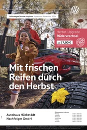 Volkswagen Prospekt "Mit frischen Reifen durch den Herbst", 1 Seite, 01.09.2024 - 01.09.2024 Aktueller Volkswagen Prospekt, "Mit frischen Reifen durch den Herbst", mit Angeboten der Woche, gültig von 01.09.2024 bis 01.09.2024