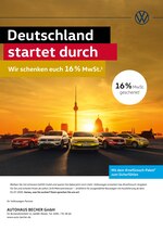 Volkswagen Prospekt für Oberhausen mit 2 Seiten Volkswagen Prospekt für Oberhausen: "Deutschland startet durch. Wir schenken euch 16% MwSt.", 2 Seiten, 20.07.2020 - 16.08.2020