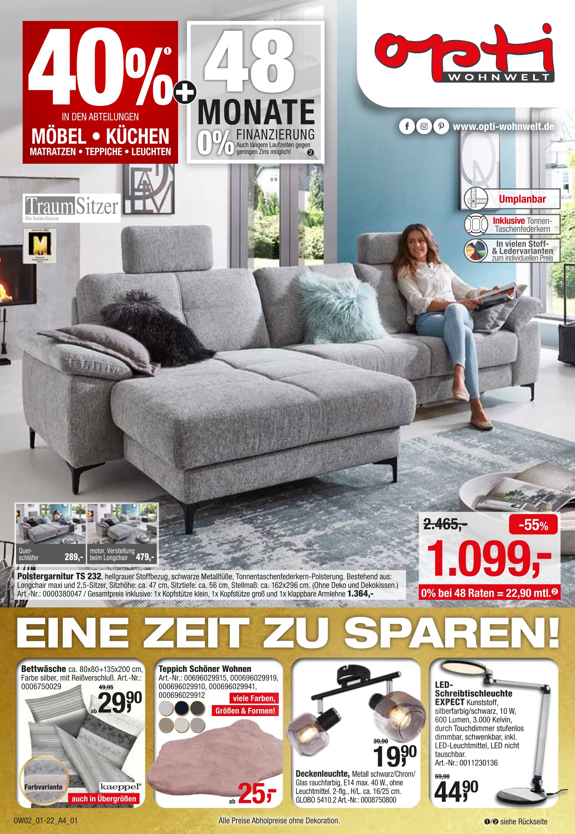 Opti-Wohnwelt Prospekt für Suhl mit 20 Seiten Opti-Wohnwelt Prospekt für Suhl: "EINE ZEIT ZU SPAREN!", 20 Seiten, 07.01.2022 - 29.01.2022