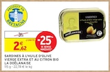 Sardines à l'huile d'olive vierge extra et au citron bio - La Doëlanaise - Intermarché à Aulnay-sous-Bois Sardines à l'huile d'olive vierge extra et au citron bio - La Doëlanaise en promo chez Intermarché Aulnay-sous-Bois à 2,62 €