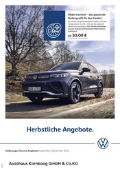 Aktueller Volkswagen Werkstatt & Auto Prospekt in Oevenum und Umgebung, "Herbstliche Angebote." mit 1 Seite, 01.09.2025 - 30.11.2025