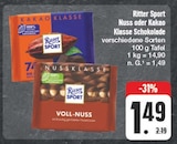 Nuss oder Kakao Klasse Schokolade im EDEKA Prospekt Nuss oder Kakao Klasse Schokolade von Ritter Sport im aktuellen EDEKA Prospekt für 1,49 €