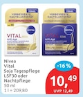 Vital Soja Tagespflege LSF30 oder Nachtpflege von Nivea für 10,49 € bei budni im Angebot Vital Soja Tagespflege LSF30 oder Nachtpflege von Nivea im aktuellen budni Prospekt