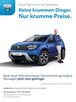 Dacia Prospekt für Reinbek mit 4 Seiten Dacia Prospekt für Reinbek: "Keine krummen Dinger. Nur krumme Preise.", 4 Seiten, 07.09.2020 - 30.09.2020