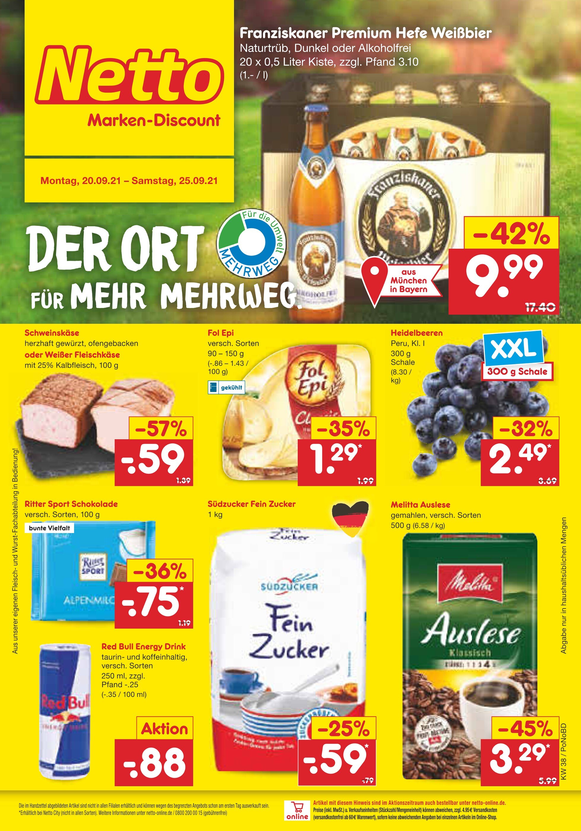 Netto Marken-Discount Prospekt für Lauf mit 41 Seiten Netto Marken-Discount Prospekt für Lauf: "DER ORT FÜR MEHR MEHRWEG.", 41 Seiten, 20.09.2021 - 25.09.2021
