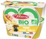 Coupelles de compote Bio pomme banane vanille sans sucres ajoutés - Materne à 2,32 € dans le catalogue Monoprix