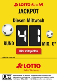 Weitere Geschäfte Prospekt von Lotto Baden-Württemberg Öhringen Lotto Baden-Württemberg Prospekt: "Diesen Mittwoch rund 41 Mio. im Jackpot", 1 Seite, 27.03.2023 - 29.03.2023