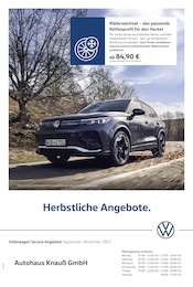 Volkswagen Prospekt „Herbstliche Angebote.“ für Bretzfeld und Umgebung mit 1 Seite Volkswagen Prospekt für Bretzfeld und Umgebung: „Herbstliche Angebote.“, 1 Seite, 01.09.2025 - 30.11.2025