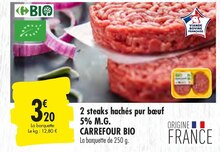 2 steaks hachés pur bœuf 5% M.G. - Carrefour à Pontoise 2 steaks hachés pur bœuf 5% M.G. en promo chez Carrefour Pontoise à 3,20 €