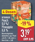 Peach 0,0 %/Pineapple 0,0 % von Bitburger für 3,19 € bei ALDI Nord im Angebot Peach 0,0 %/Pineapple 0,0 % von Bitburger im aktuellen ALDI Nord Prospekt