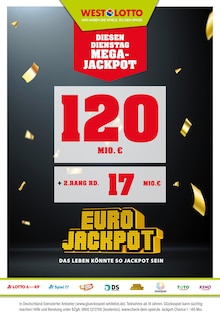 Aktueller Westlotto Prospekt "Diesen Dienstag Mega-Jackpot 120 Mio. € + 2. Rang rd. 17 Mio. €" Seite 1 von 3 Seiten