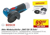 Akku-Winkelschleifer „GWS 12V-76 Solo“ von BOSCH für 99,99 € bei toom Baumarkt im Angebot Akku-Winkelschleifer „GWS 12V-76 Solo“ von BOSCH im aktuellen toom Baumarkt Prospekt