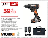 Perceuse-visseuse 20 V sans fil - WORX - LEROY MERLIN à Saint-Étienne Perceuse-visseuse 20 V sans fil - WORX en promo chez LEROY MERLIN Saint-Étienne à 59,90 €