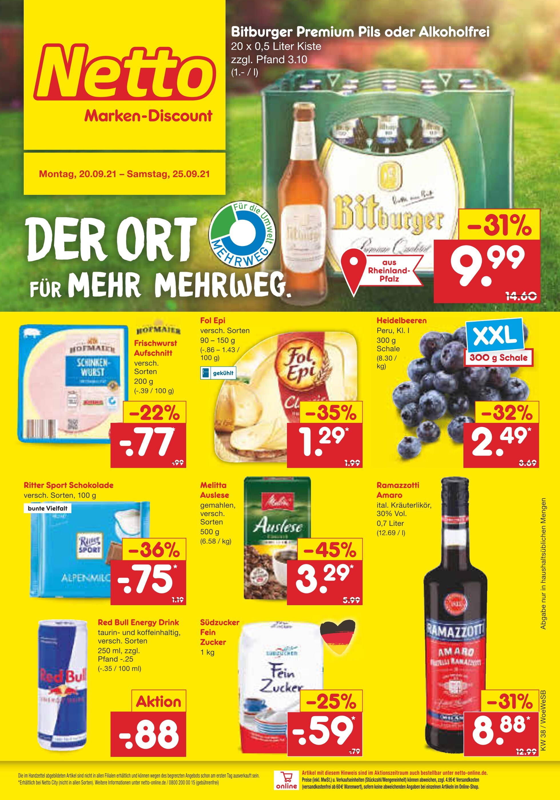 Netto Marken-Discount Prospekt für Hirschhof mit 41 Seiten Netto Marken-Discount Prospekt für Hirschhof: "DER ORT FÜR MEHR MEHRWEG.", 41 Seiten, 20.09.2021 - 25.09.2021