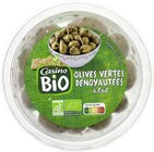 Olives vertes dénoyautées à l’ail - CASINO BIO en promo chez Géant Casino Olives vertes dénoyautées à l’ail - CASINO BIO dans le catalogue Géant Casino