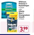 Protector 3 Rasierklingen oder Blue 3 Einwegrasierer Smooth Angebote von Wilkinson oder Gillette bei Rossmann Erfurt für 3,99 €