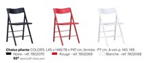 Chaise pliante colors - Gautier à Asnières-sur-Seine Chaise pliante colors en promo chez Gautier Asnières-sur-Seine à 93,00 €