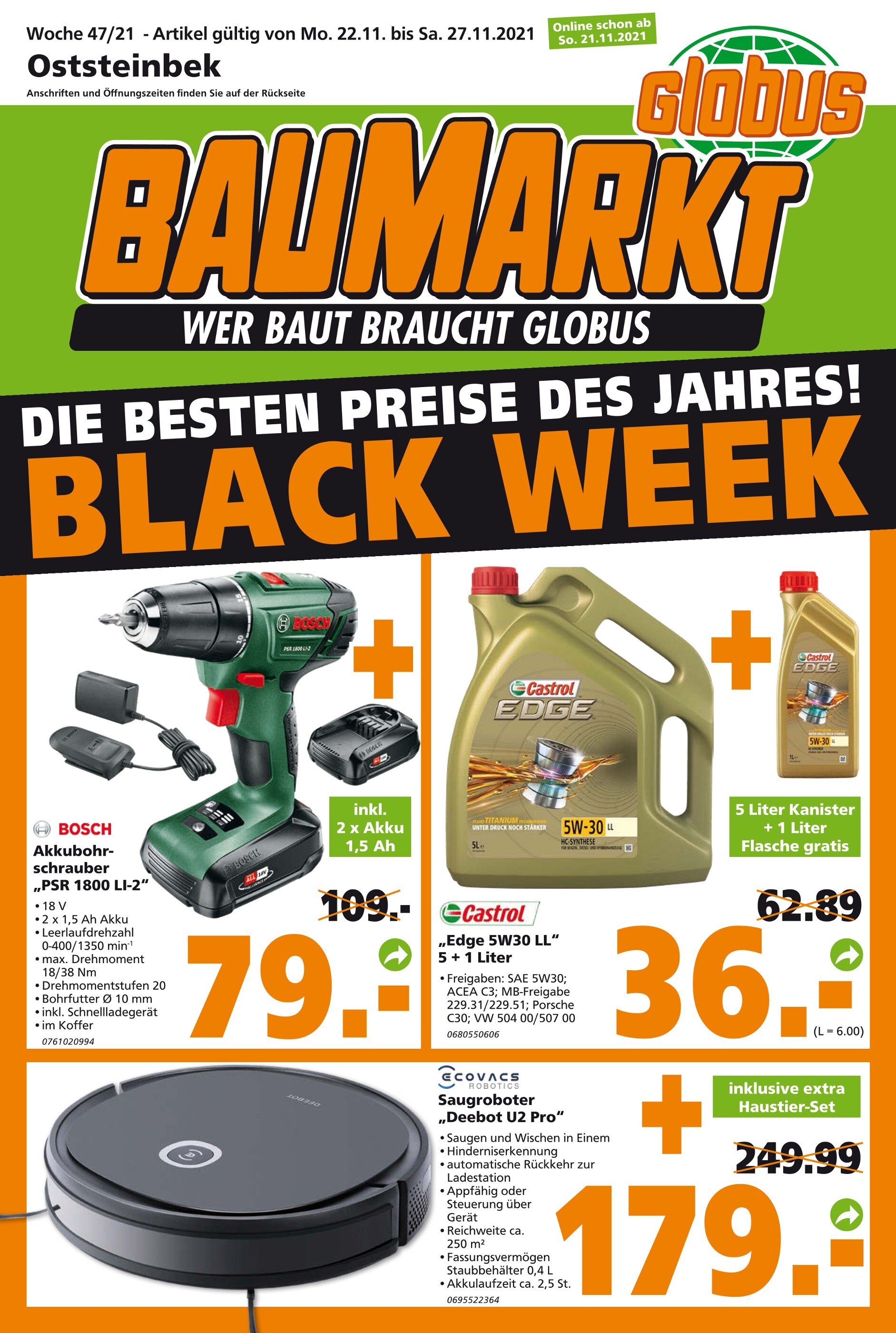 Globus-Baumarkt Prospekt für Hamburg mit 16 Seiten Globus-Baumarkt Prospekt für Hamburg: "DIE BESTEN PREISE DES JAHRES! BLACK WEEK", 16 Seiten, 21.11.2021 - 27.11.2021
