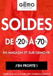 Catalogue Mode à bas prix Gémo en cours à Beaumont-de-Pertuis et alentours, "SOLDES DE -20% À -70%", 1 page, 26/06/2024 - 23/07/2024