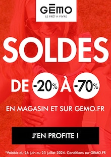 Prospectus Gémo à Lescure-d'Albigeois, "SOLDES DE -20% À -70%", 1 page de promos valables du 26/06/2024 au 23/07/2024