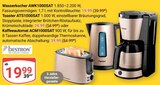 Wasserkocher AWK1000SAT oder Toaster ATS1000SAT oder Kaffeeautomat ACM1000SAT im Angebot bei GLOBUS in Homburg Wasserkocher AWK1000SAT oder Toaster ATS1000SAT oder Kaffeeautomat ACM1000SAT Angebote von Bestron bei GLOBUS Homburg für 19,99 €