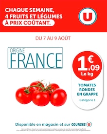 Prospectus U Express de la semaine "CHAQUE SEMAINE, 4 FRUITS ET LÉGUMES À PRIX COÛTANT" avec 1 page, valide du 07/08/2025 au 09/08/2025 pour La Garnache et alentours