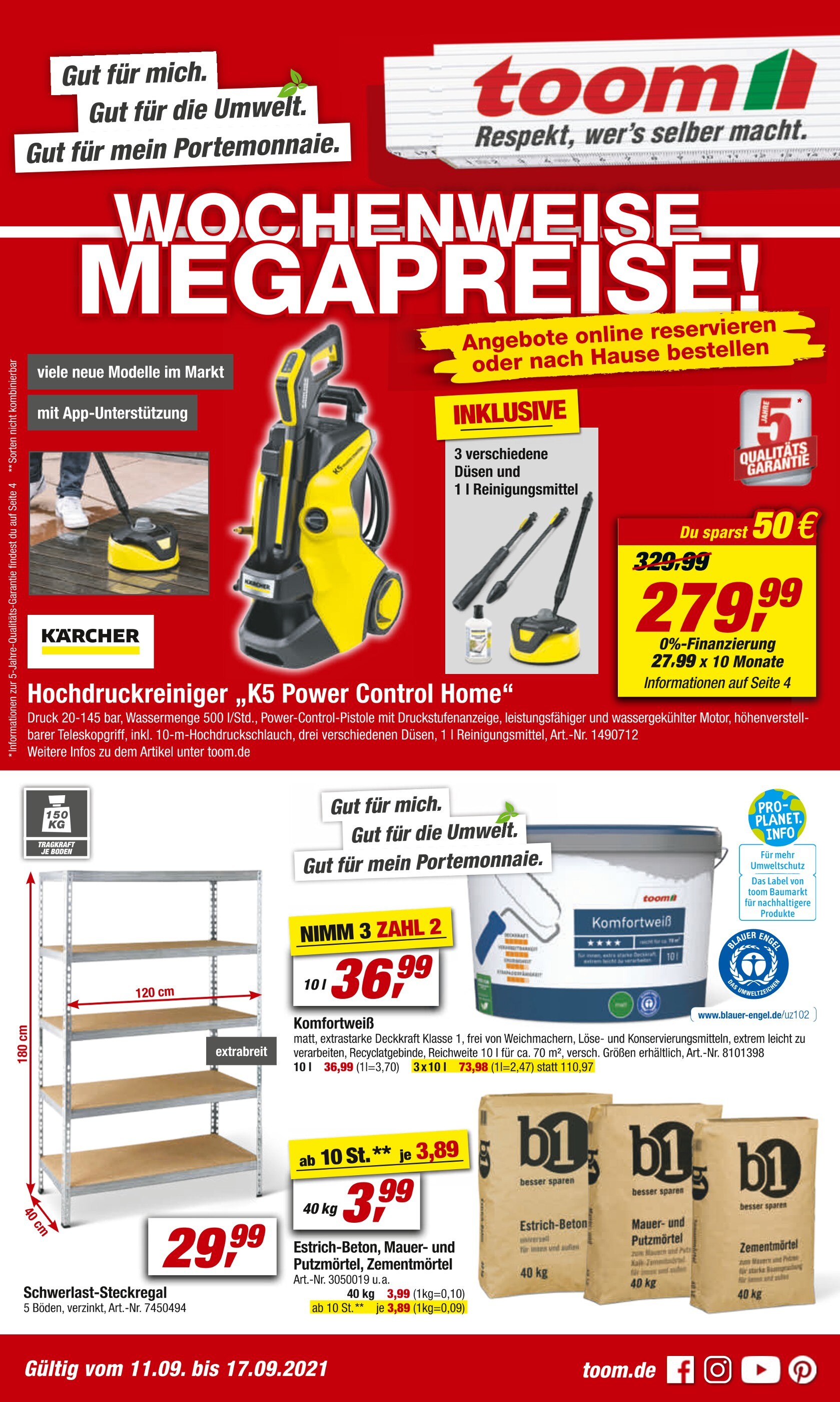 toom Baumarkt Prospekt für Hanau mit 20 Seiten toom Baumarkt Prospekt für Hanau: "WOCHENWEISE MEGAPREISE!", 20 Seiten, 11.09.2021 - 17.09.2021