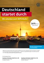Volkswagen Prospekt für Wuppertal mit 2 Seiten Volkswagen Prospekt für Wuppertal: "Deutschland startet durch. Wir schenken euch 16% MwSt.", 2 Seiten, 24.07.2020 - 20.08.2020