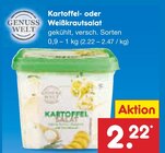 Kartoffel- oder Weißkrautsalat von GENUSS WELT für 2,22 € bei Netto Marken-Discount im Angebot Kartoffel- oder Weißkrautsalat von GENUSS WELT im aktuellen Netto Marken-Discount Prospekt