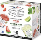Duo de sorbets plein fruit fraise avec morceaux, citron vert et citron avec zestes - LA MANUFACTURE DES BELLES GLACES en promo à 3,95 € chez Intermarché Duo de sorbets plein fruit fraise avec morceaux, citron vert et citron avec zestes - LA MANUFACTURE DES BELLES GLACES dans le catalogue Intermarché