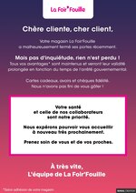 Catalogue La Foirfouille "Votre santé et celle de nos collaborateurs sont notre priorité.", 1 pages, à Aubiers, 27/03/2020 - 20/04/2020 Prospectus La Foirfouille "Votre santé et celle de nos collaborateurs sont notre priorité.", 1 pages, à Aubiers, 27/03/2020 - 20/04/2020