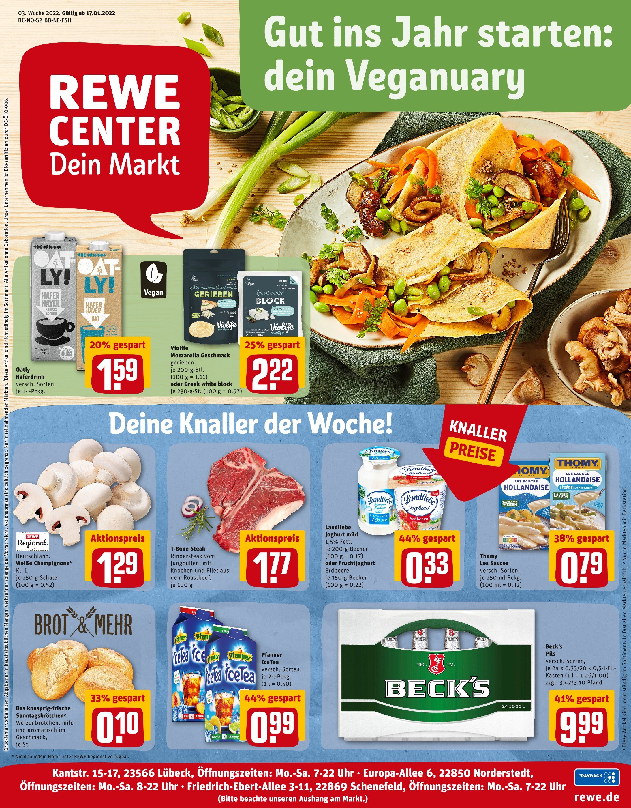 REWE Prospekt für Lübeck mit 25 Seiten REWE Prospekt für Lübeck: "Top Angebote", 25 Seiten, 17.01.2022 - 22.01.2022