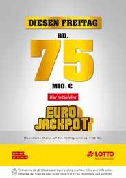 Supermarkt Prospekt von Lotto Baden-Württemberg Eningen Lotto Baden-Württemberg Prospekt: "Diesen Freitag rund 75 Mio. im Jackpot", 1 Seite, 07.12.2022 - 09.12.2022