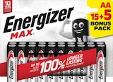 Lot de 15 piles + 5 offertes Energizer Max AA/LR6 - ENERGIZER en promo chez Carrefour Lot de 15 piles + 5 offertes Energizer Max AA/LR6 - ENERGIZER dans le catalogue Carrefour