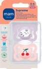 Schnuller Supreme Silikon, lila/rosa, 0-6 Monate im dm-drogerie markt Prospekt Schnuller Supreme Silikon, lila/rosa, 0-6 Monate von mam im aktuellen dm-drogerie markt Prospekt für 9,75 €